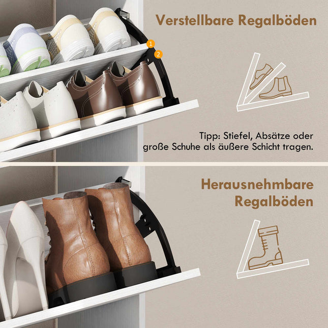 Shoe Cabinet with Adjustable Dividers, 2 Drop-Down Doors, White