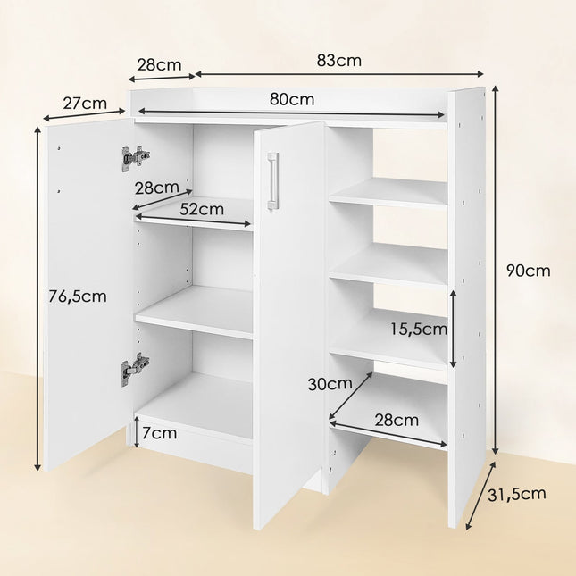 Shoe Cabinet with Adjustable Shelves & 2 Doors, White