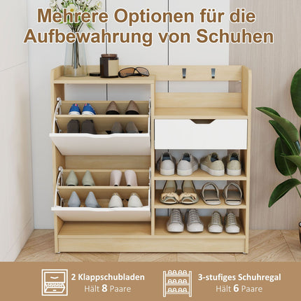Schuhschrank mit Klappfächern, offenen Ablagen, 4 Haken