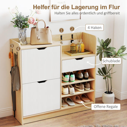 Schuhschrank mit Klappfächern, offenen Ablagen, 4 Haken