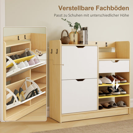 Schuhschrank mit Klappfächern, offenen Ablagen, 4 Haken