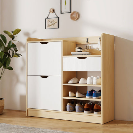 Schuhschrank mit Klappfächern, offenen Ablagen, 4 Haken