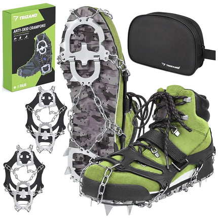 Shoe Crampons Size L 40-44 with 12 Spikes and Velcro Straps, Case, Black/Silver