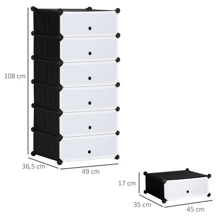 Étagère à chaussures en plastique pour 6 paires de chaussures Boîte à chaussures pour couloir Étagère de rangement de chaussures DIY Noir + Blanc 49 x 36,5 x 108 cm Aosom