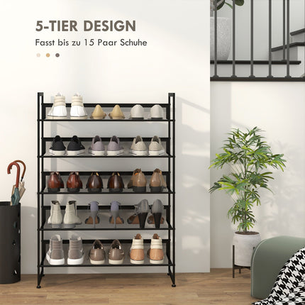 Étagère à chaussures à 5 niveaux, pour 15 paires de chaussures maximum, rangement à chaussures avec poignée pour entrée, chambre, acier, 72 x 30 x 102 cm, noir