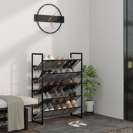 Étagère à chaussures à 5 niveaux, pour 15 paires de chaussures maximum, rangement à chaussures avec poignée pour entrée, chambre, acier, 72 x 30 x 102 cm, noir