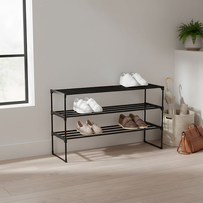 Shoe Rack, Stackable Metal Frame With Plastic Tiers
