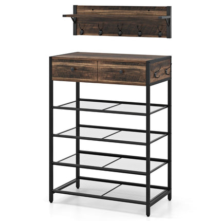 Schuhregal & Wandgarderobe-Set mit Haken & Schubladen