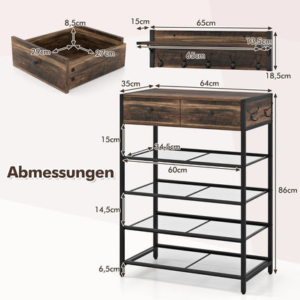 Schuhregal & Wandgarderobe-Set mit Haken & Schubladen