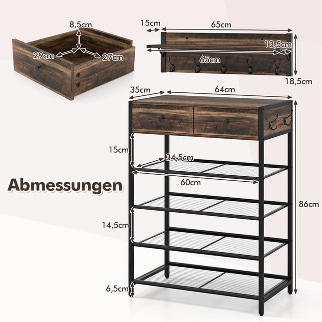 Shoe Rack & Wall Coat Rack Set with Hooks & Drawers