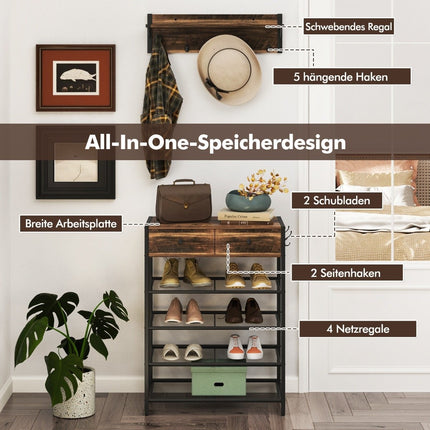 Schuhregal & Wandgarderobe-Set mit Haken & Schubladen