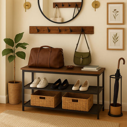 Shoe Rack and Coat Hook Set – Metal and MDF, 11 Hooks