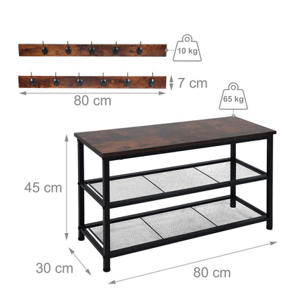 Shoe Rack and Coat Hook Set – Metal and MDF, 11 Hooks