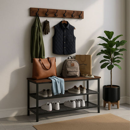 Shoe Rack and Coat Hook Set – Metal and MDF, 11 Hooks