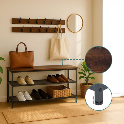 Shoe Rack and Coat Hook Set – Metal and MDF, 11 Hooks