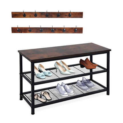 Shoe Rack and Coat Hook Set – Metal and MDF, 11 Hooks