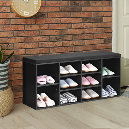 Schuhbank mit gepolstertem Sitz, 10 Fächer, Schwarz