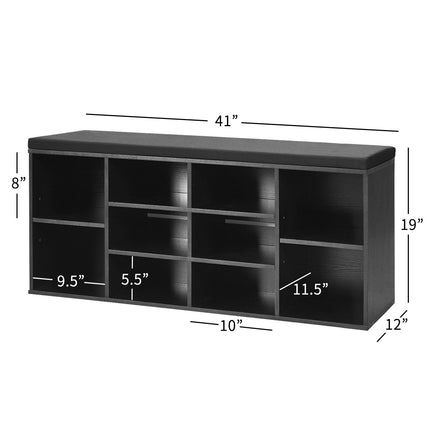 Schuhbank mit gepolstertem Sitz, 10 Fächer, Schwarz