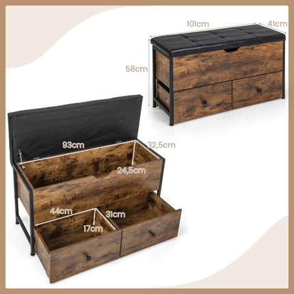 Shoe Storage Bench with Cushion, 2 Drawers, Adjustable Feet