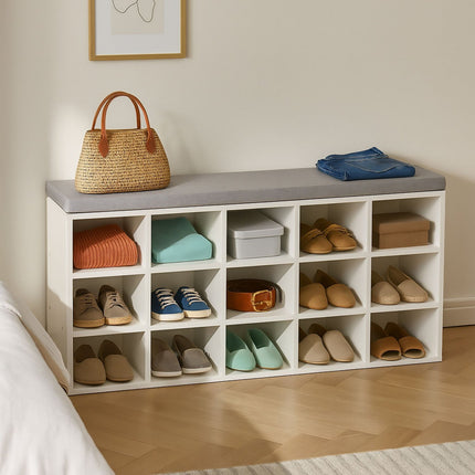 Shoe Storage Bench with Cushion – Upholstered, Grey