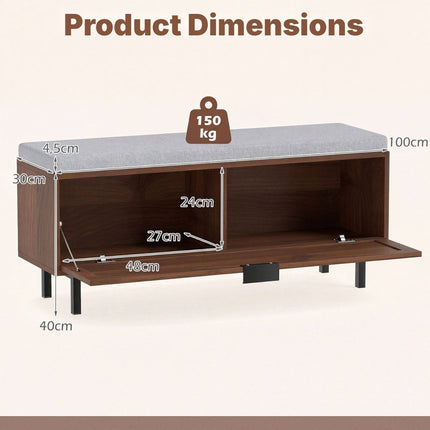 Shoe Storage Bench with Padded Cushion and Flip-Down Door, Brown, 100 cm