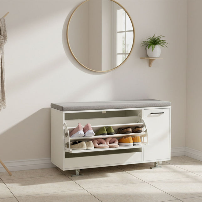 Schuhbank mit gepolstertem Sitz und Schrank