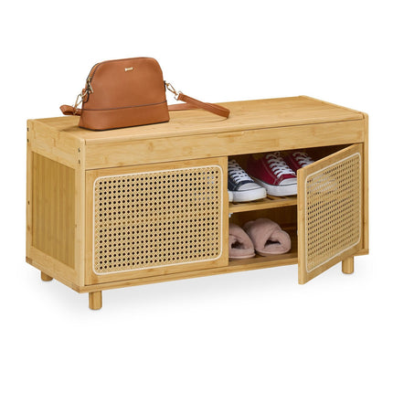 Shoe Storage Bench with Seat and Rattan-Look Doors