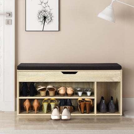 Banc à chaussures, commode à chaussures, étagère à chaussures avec coussin d'assise, bois, 104 x 48 x 30 cm, blanc/naturel-naturel