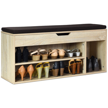Banc à chaussures, commode à chaussures, étagère à chaussures avec coussin d'assise, bois, 104 x 48 x 30 cm, blanc/naturel-naturel