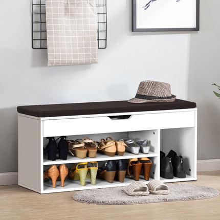 Banc à chaussures, commode à chaussures, étagère à chaussures avec coussin d'assise, bois, 104 x 48 x 30 cm, blanc/blanc naturel