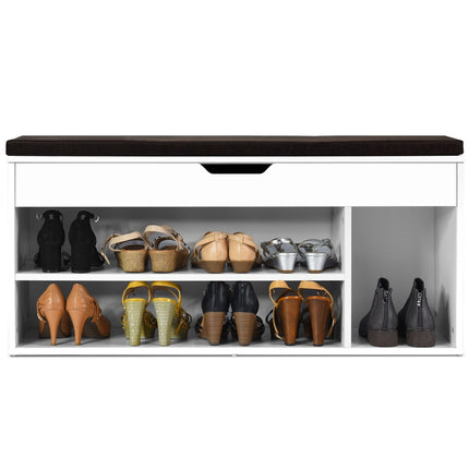Banc à chaussures, commode à chaussures, étagère à chaussures avec coussin d'assise, bois, 104 x 48 x 30 cm, blanc/blanc naturel