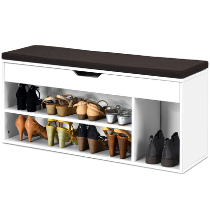 Banc à chaussures, commode à chaussures, étagère à chaussures avec coussin d'assise, bois, 104 x 48 x 30 cm, blanc/blanc naturel