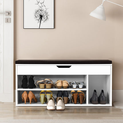 Banc à chaussures, commode à chaussures, étagère à chaussures avec coussin d'assise, bois, 104 x 48 x 30 cm, blanc/blanc naturel