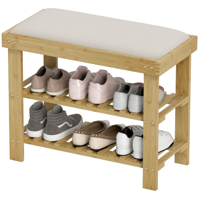 Bambus Schuhbank mit Stauraum, Cremeweiß, 60x29x49 cm
