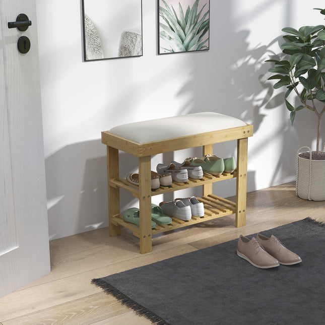 Bambus Schuhbank mit Stauraum, Cremeweiß, 60x29x49 cm