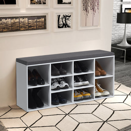 Banc à chaussures avec siège, étagère à chaussures, commode à chaussures, étagère à chaussures, armoire à chaussures, banc avec étagère et coussin d'assise, bois, blanc