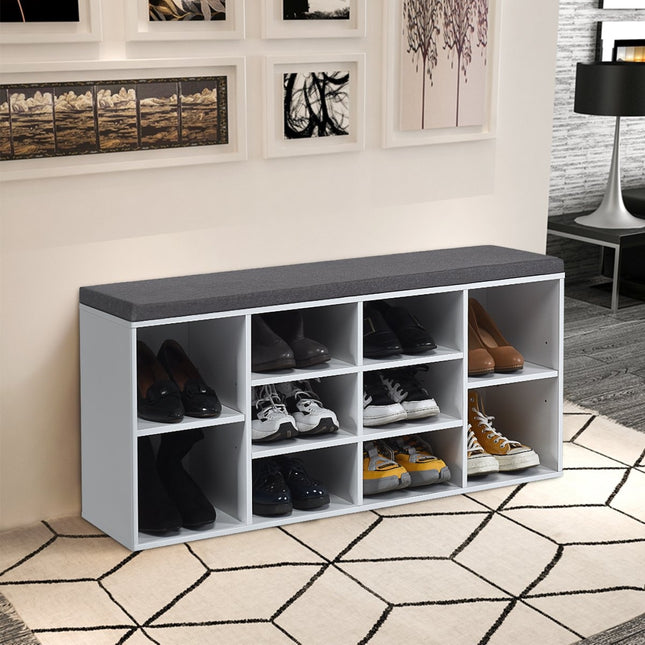 Shoe bench with seat, shoe rack, shoe chest of drawers, shoe rack, shoe cabinet, bench with shelf and seat cushion, wood, white