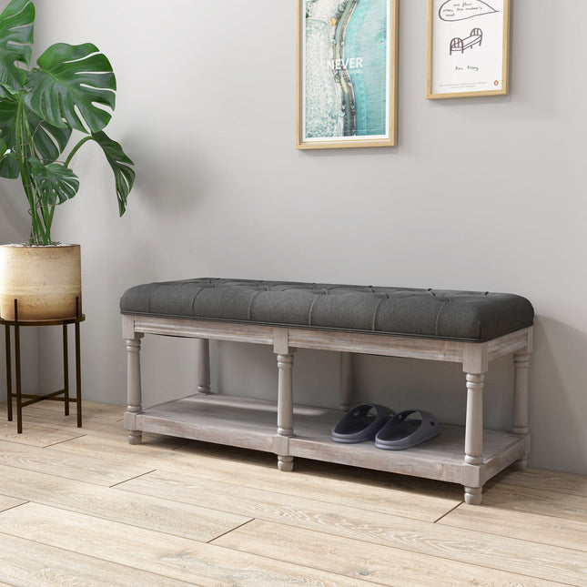 Schuhbank mit Stauraum, gepolsterter Sitz, graues Leinen, 115x40x48 cm