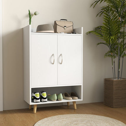 Meuble à chaussures, étagère à chaussures avec portes et étagères, pour 12 chaussures, commode à chaussures moderne, étagères à chaussures pour couloirs et entrées, bois massif, 60 x 30 x 92 cm, blanc