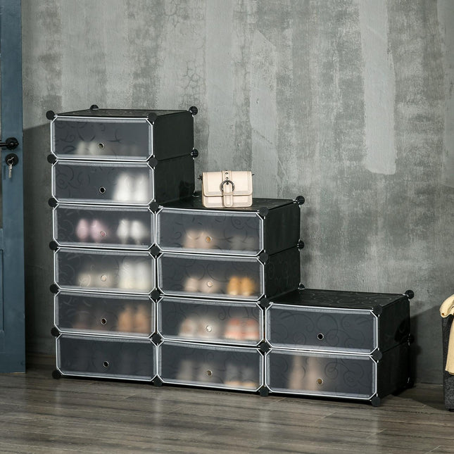 Modular Shoe Cabinet - 12 Compartment Black DIY Storage
