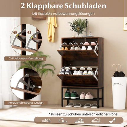 Schuhschrank mit 2 Klappen &amp; 4 Böden &amp; Offenes Regal Schuhkipper Schuhregal rustikal braun