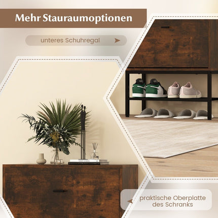 Schuhschrank mit 2 Klappen &amp; 4 Böden &amp; Offenes Regal Schuhkipper Schuhregal rustikal braun