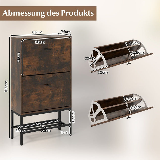 Schuhschrank mit 2 Klappen &amp; 4 Böden &amp; Offenes Regal Schuhkipper Schuhregal rustikal braun