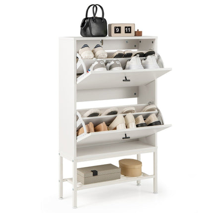 Schuhschrank mit 2 Klappen &amp; 4 Böden &amp; Offenes Regal Schuhkipper Schuhregal weiß