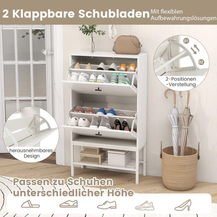 Schuhschrank mit 2 Klappen &amp; 4 Böden &amp; Offenes Regal Schuhkipper Schuhregal weiß