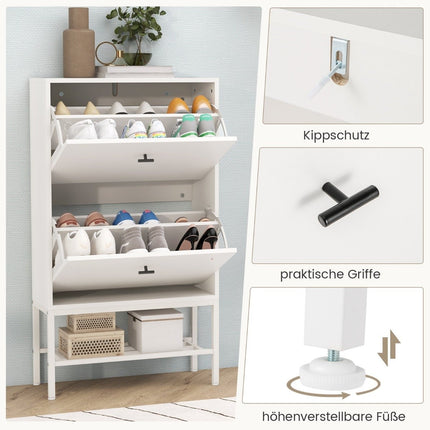 Schuhschrank mit 2 Klappen &amp; 4 Böden &amp; Offenes Regal Schuhkipper Schuhregal weiß