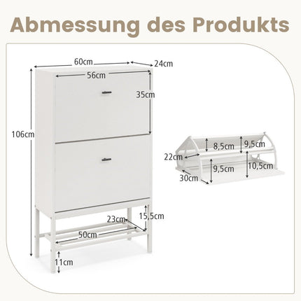 Schuhschrank mit 2 Klappen &amp; 4 Böden &amp; Offenes Regal Schuhkipper Schuhregal weiß