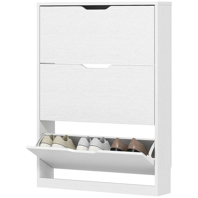 Slim white shoe cabinet for 9-12 pairs, 3 flaps, 80x17x108 cm