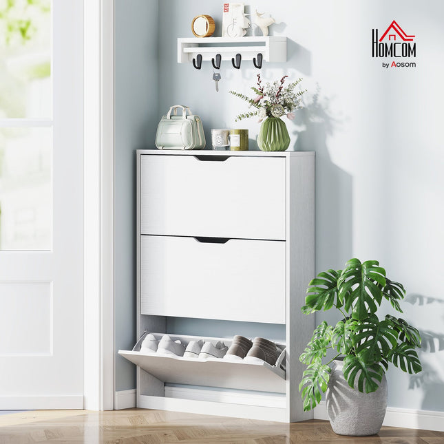Slim white shoe cabinet for 9-12 pairs, 3 flaps, 80x17x108 cm
