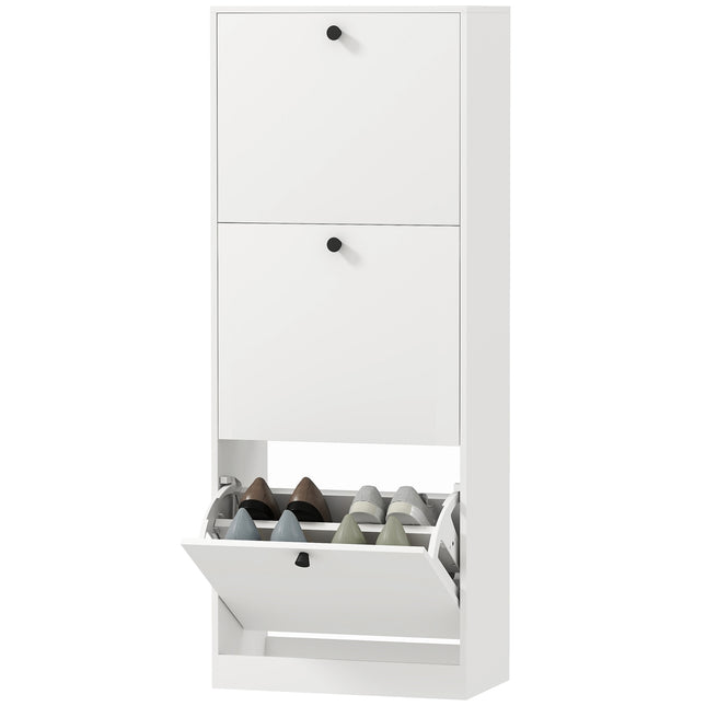 Slim white shoe cabinet - adjustable dividers, holds 12 pairs